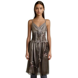 Per Chie Italy brown floral embroidered mesh ruched satin corset midi dress M